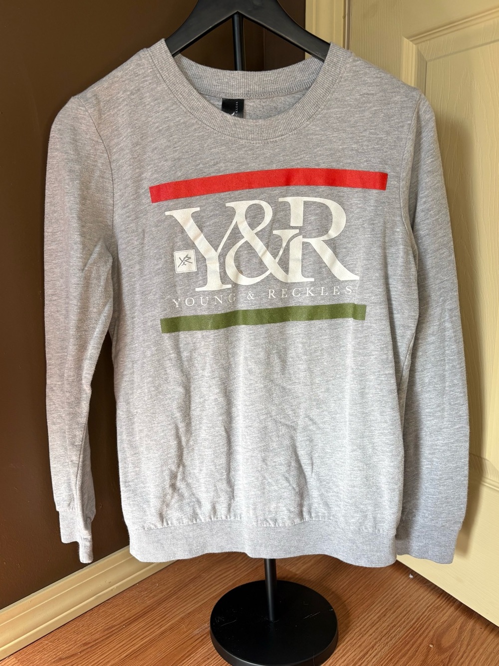 Young & Reckless Gray Crewneck Sweatshirt with Red & Olive Stripes